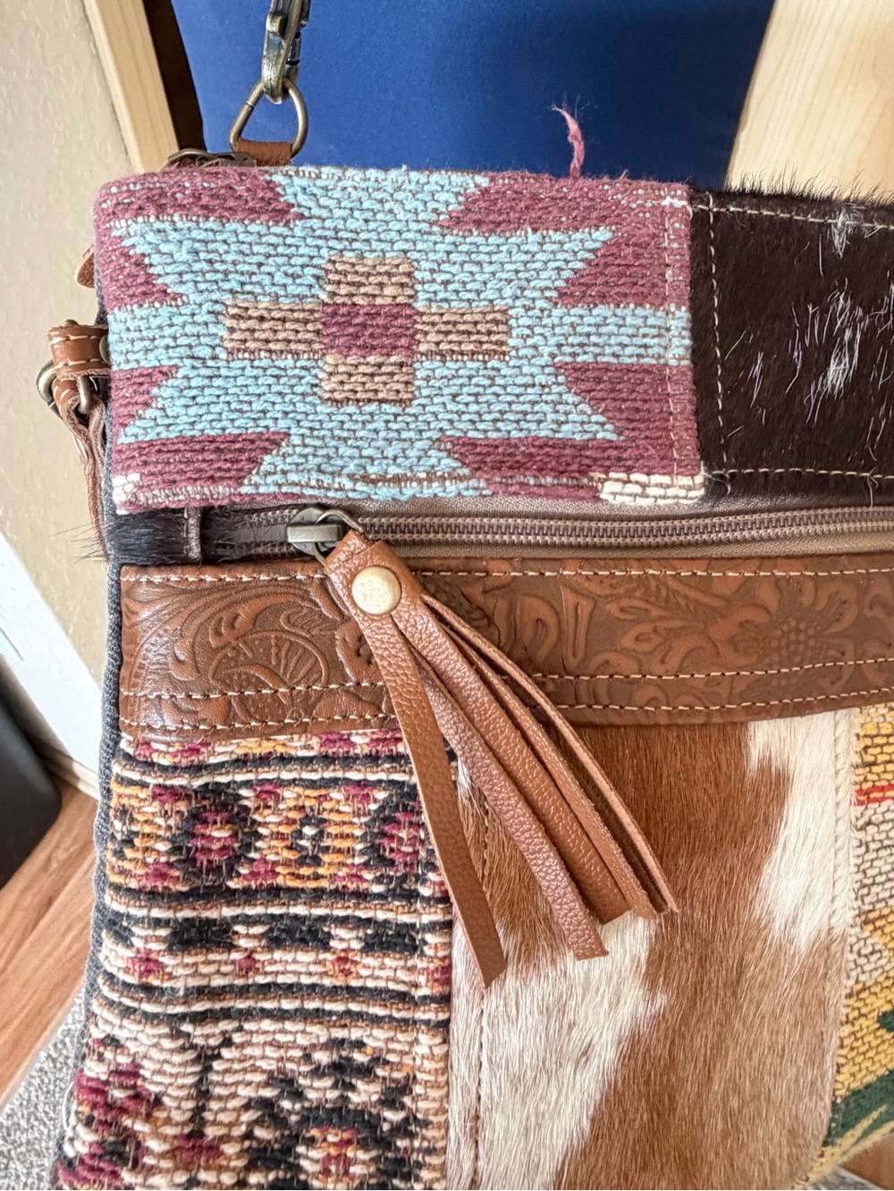 Myra Bag Brown Multi Patchwork Crossbody with Cowhide & Leather Trim Aztec Print - Picture 5 of 13